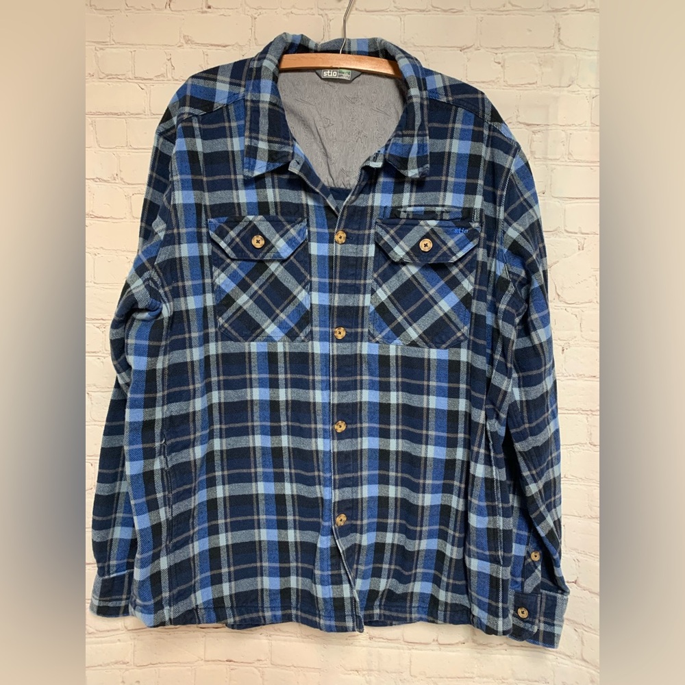 Stio Hutkeeper Organic Cotton Blue Plaid Flannel Shirt Jacket Size XXL